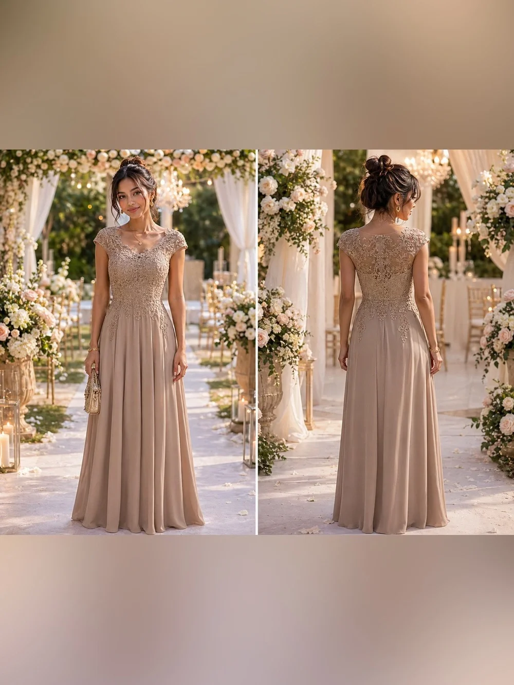 Cap-Sleeve Lace Bodice Maxi Dress in Champagne Taupe - Picture 1 of 5